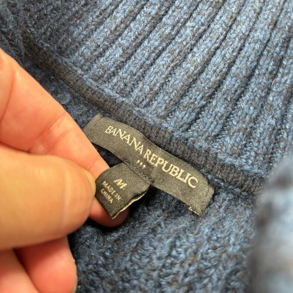 Banana Republic M Marled Blue Button Mock Neck Pullover Sweater Preppy Heritage
